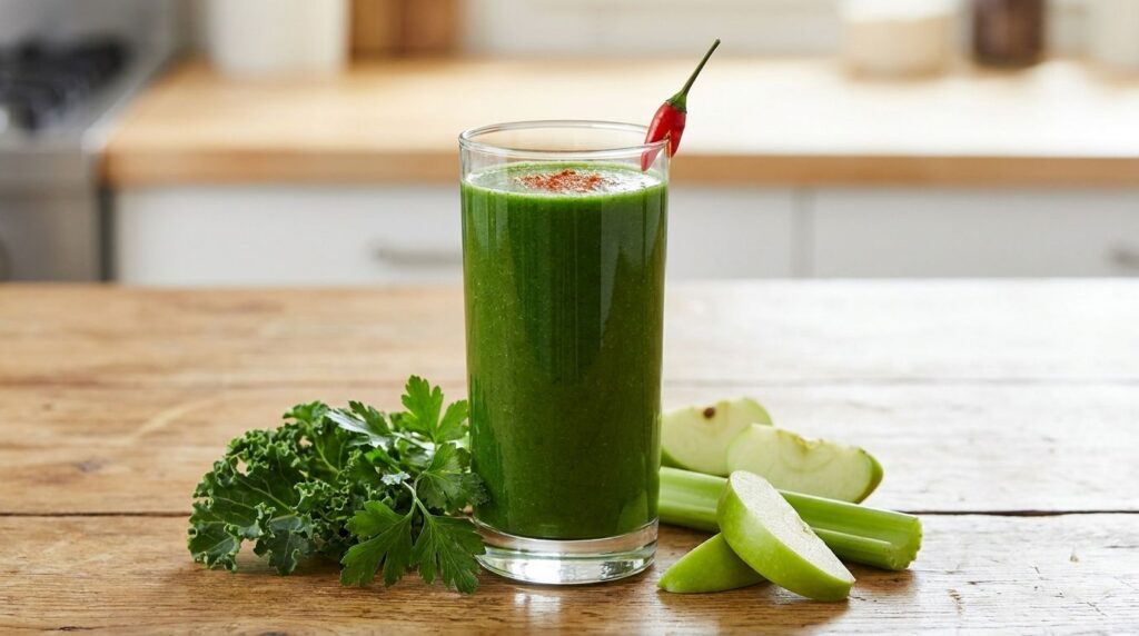 A vibrant green juice with green apple celery kale parsley and a pinch of cayenne in a glass with a kick of spice