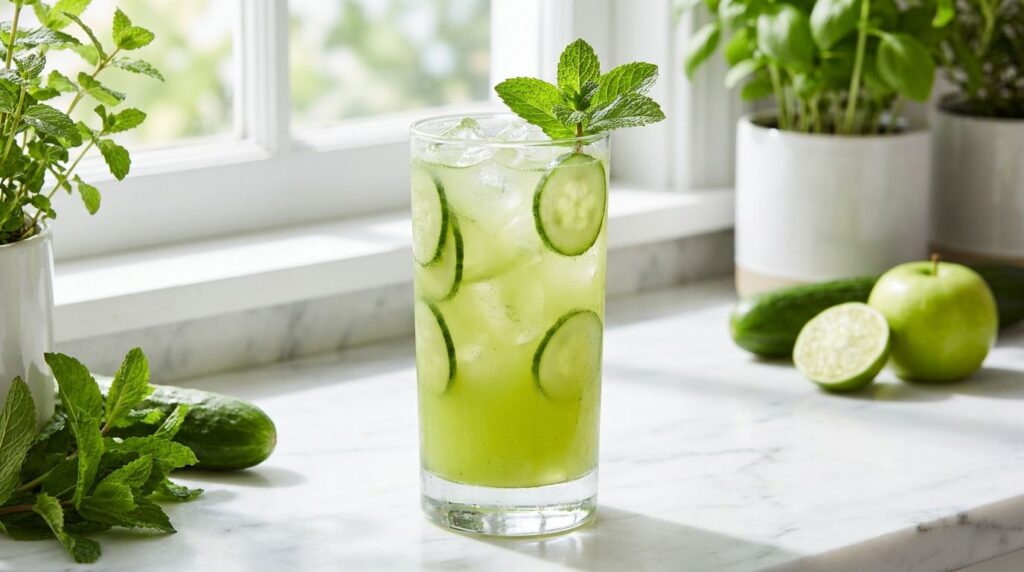 A clear refreshing light green juice with cucumber mint apple and lime in a tall glass with ice and cucumber slices