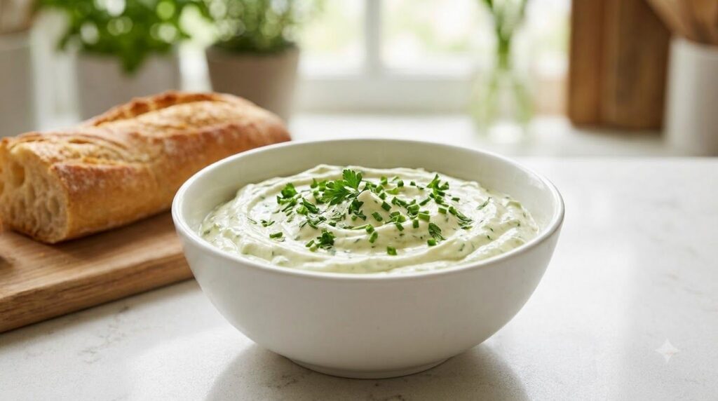 A creamy light green herb mayonnaise in a small white bowl garnished with finely chopped fresh herbs like parsley and ch
