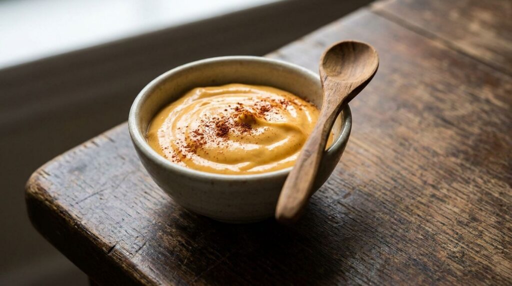 A small bowl of golden-orange smoky paprika mayonnaise with a light dusting of paprika on top next to a small wooden spo