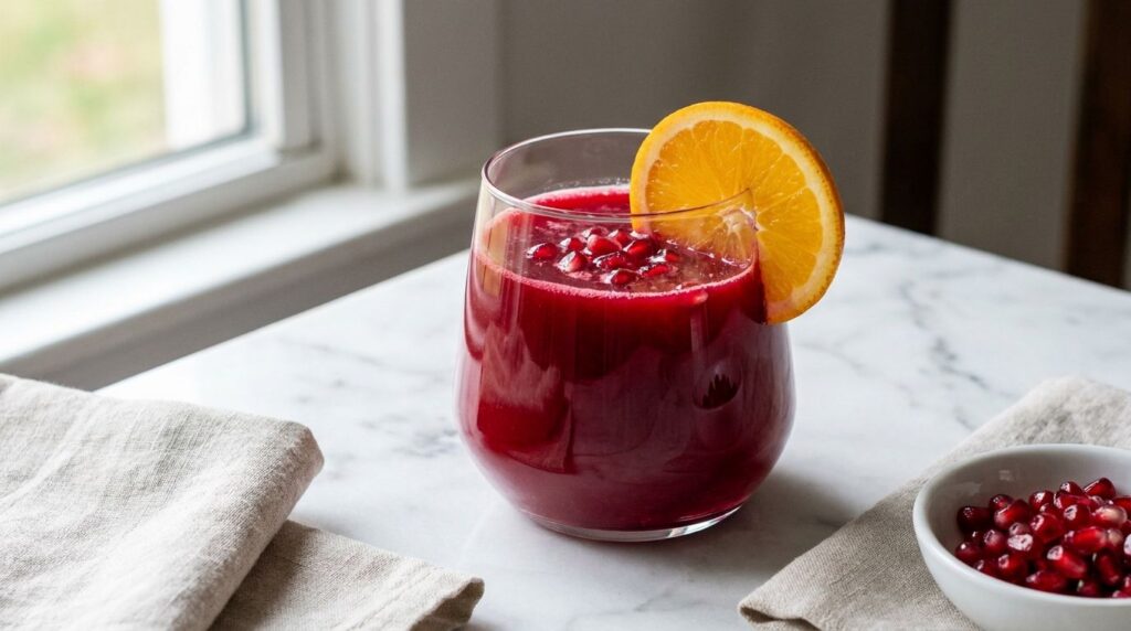A rich ruby-red juice with pomegranate beetroot orange and ginger in a stylish glass with pomegranate seeds