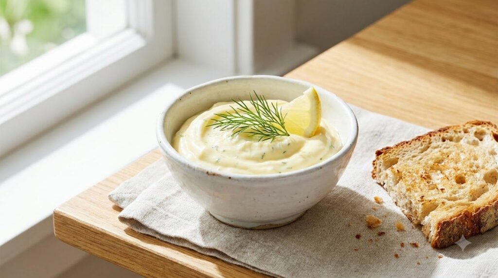 A creamy lemon dill mayonnaise in a small white ceramic bowl garnished with a fresh sprig of dill and a lemon wedge A sm