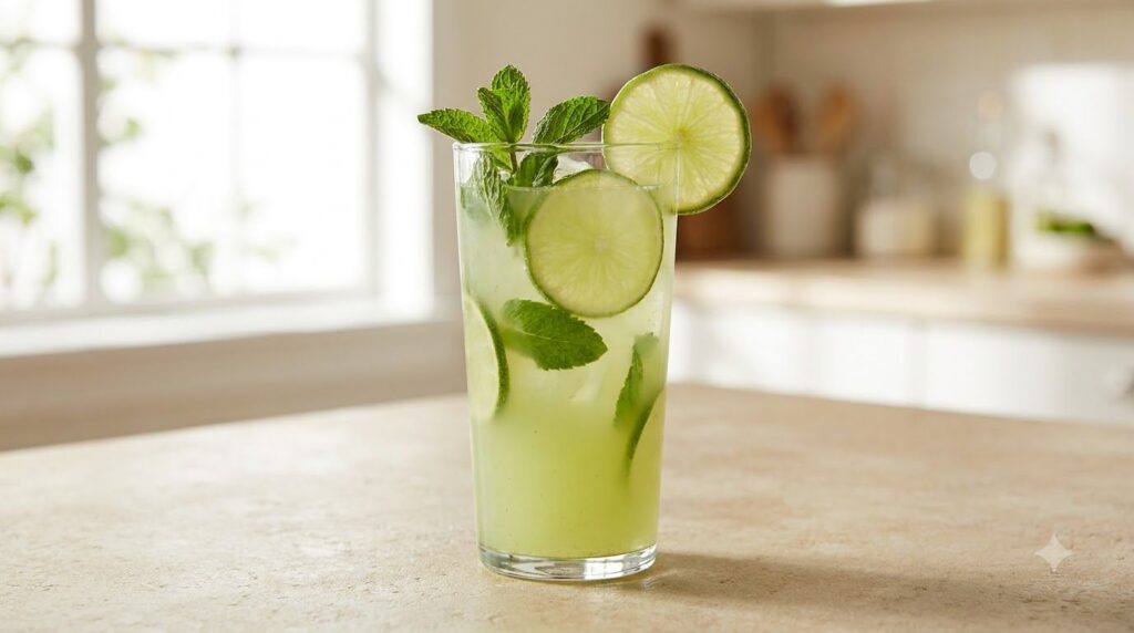 A clear glass of refreshing cucumber mint juice with lime slices and fresh mint leaves on a light background
