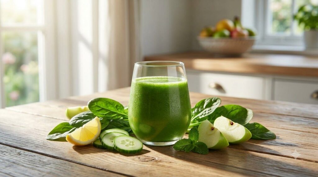 A refreshing green juice made with spinach cucumber apple lemon and a hint of ginger served in a modern glass with a sli