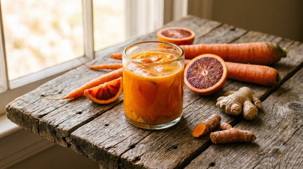 A vibrant orange juice made from carrots oranges ginger and turmeric served in a rustic glass on a wooden background