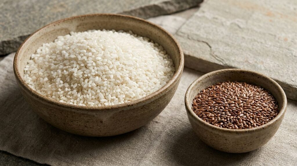 Close-up of a bowl of white rice and another bowl of whole flaxseeds showcasing their natural beauty