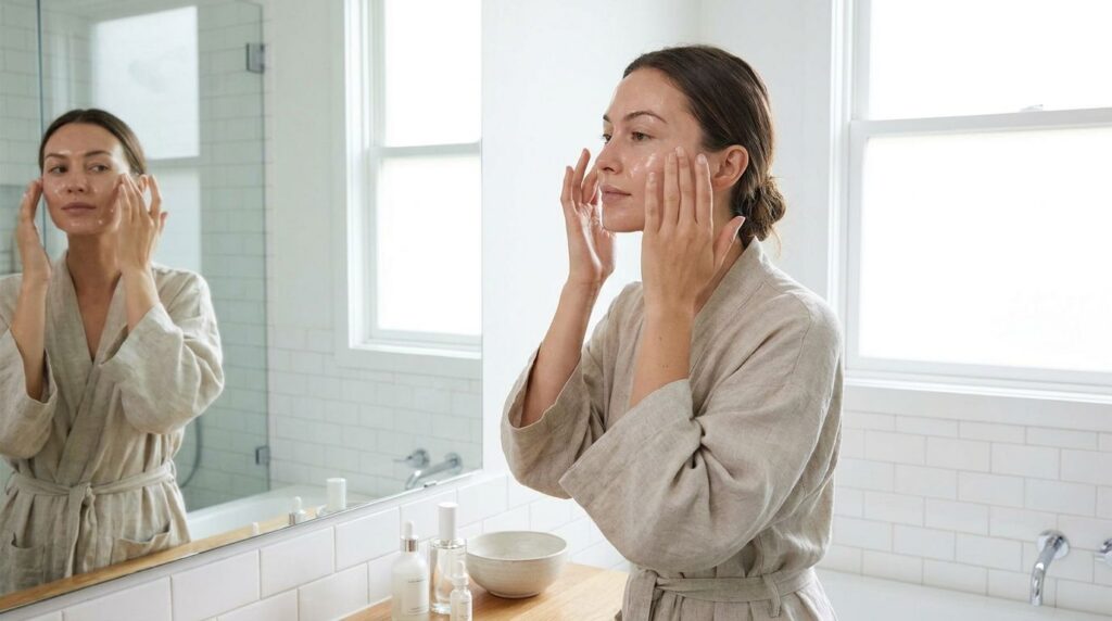 A woman gently massaging a few drops of liquid onto her face with a soft glowing complexion