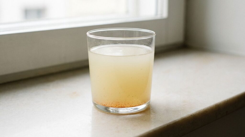 A simple clear ginger lemon juice with a hint of cayenne served in a minimalist glass