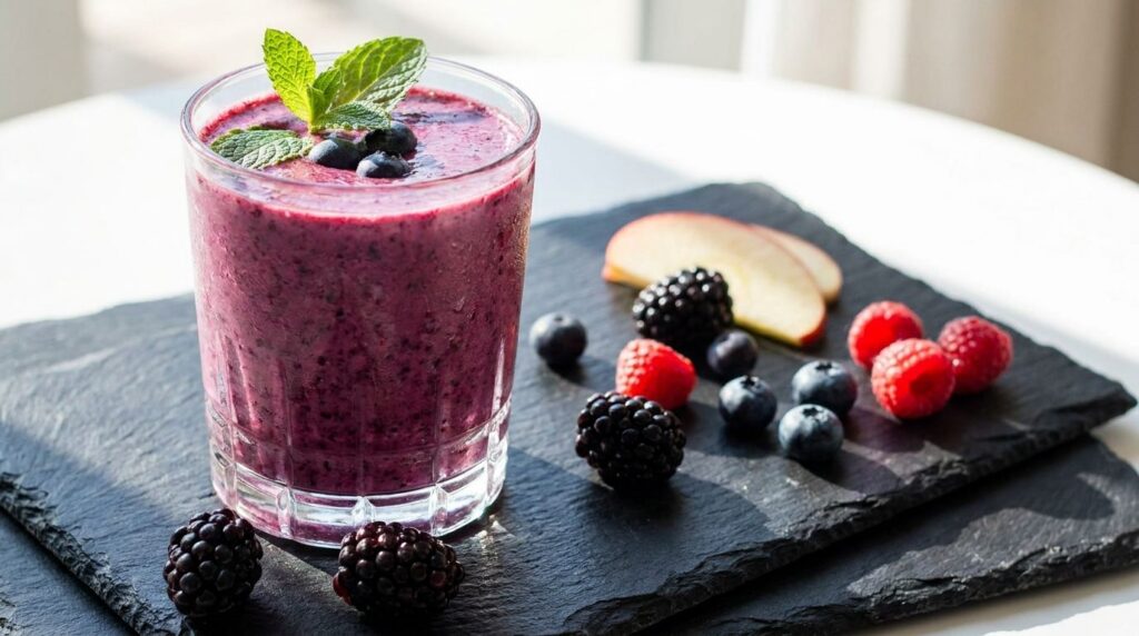 A vibrant purple berry juice in a glass with mixed berries and an apple slice in the background