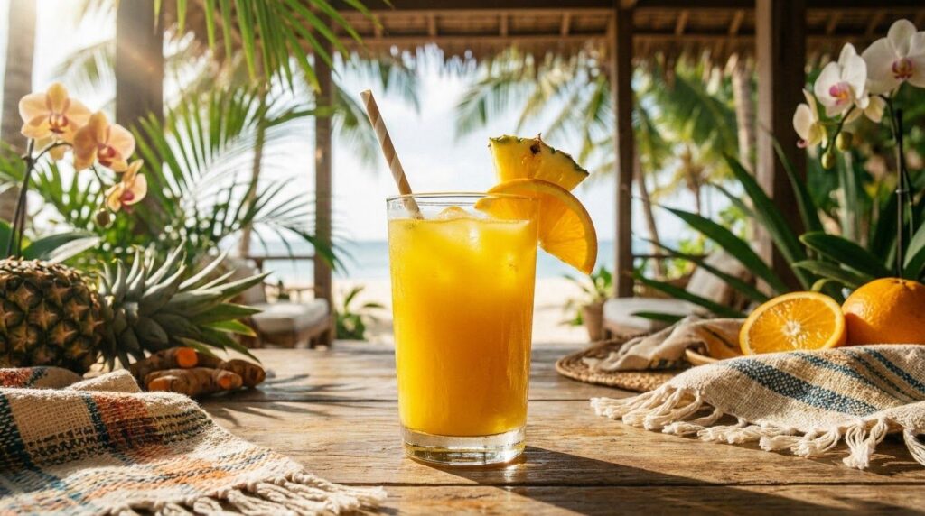 A bright yellow-orange juice with pineapple orange ginger and turmeric served in a tropical-style glass
