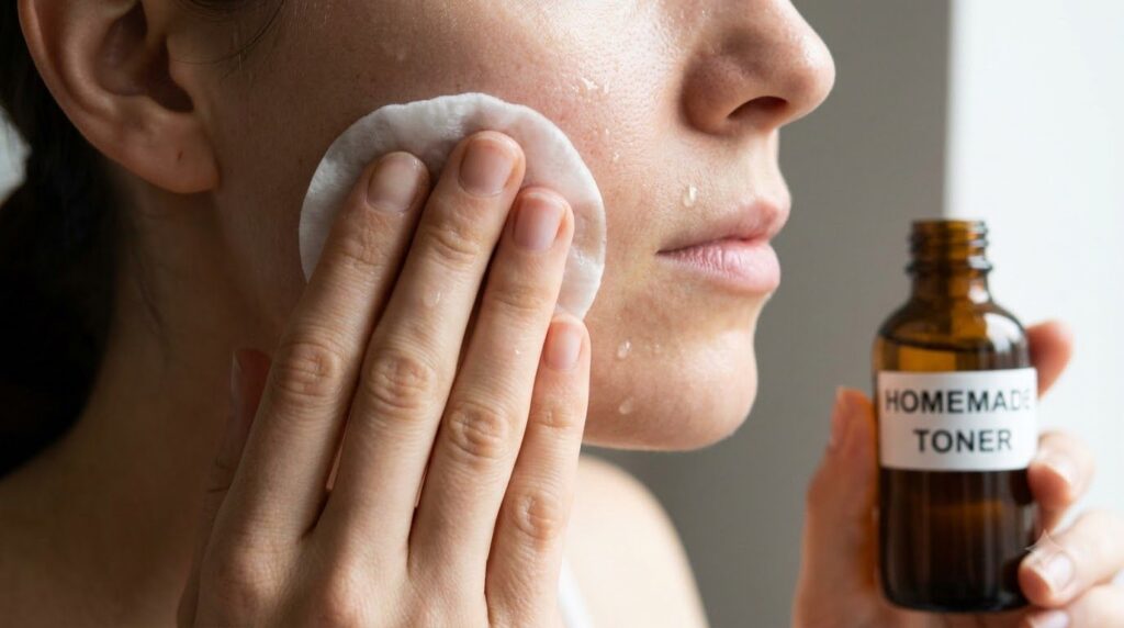 A close-up shot of a person gently dabbing a cotton pad soaked in homemade toner onto their clean face with a soft natur