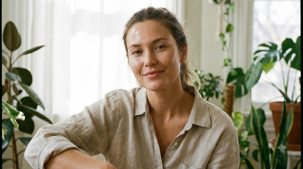 A woman smiling with clear radiant skin looking refreshed and confident possibly after using a natural toner