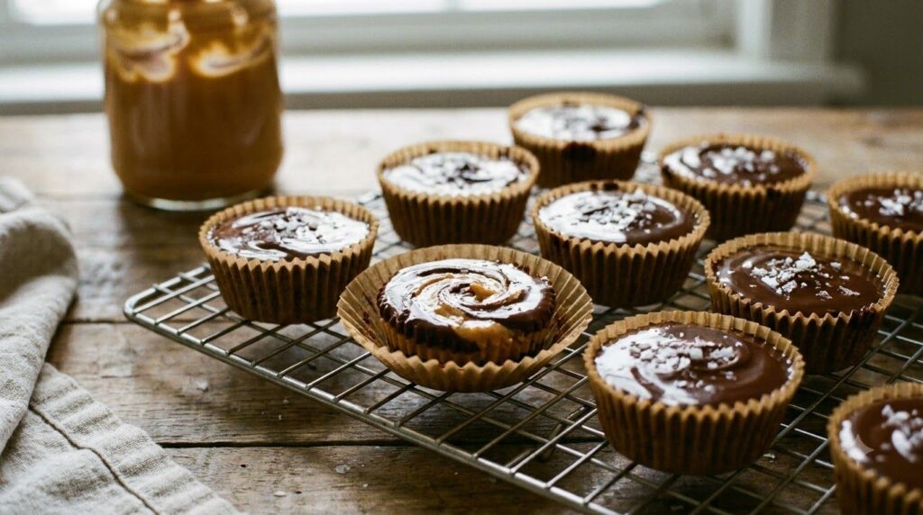 Homemade Air Fryer Peanut Butter Cups in mini paper liners showing melted chocolate and a creamy peanut butter filling o
