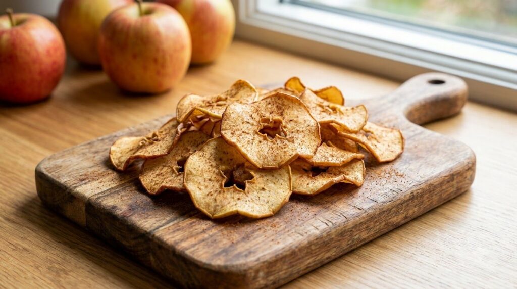 A pile of thinly sliced crispy Air Fryer Apple Chips lightly dusted with cinnamon on a wooden cutting board