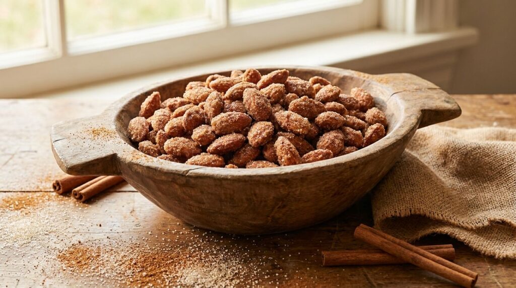 A bowl of golden-brown Air Fryer Cinnamon Sugar Almonds glistening with sugar and spice with a few almonds scattered on
