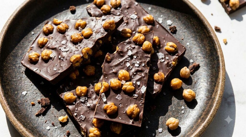 A unique Air Fryer Roasted Chickpea Bark broken into shards showcasing crunchy roasted chickpeas embedded in chocolate p