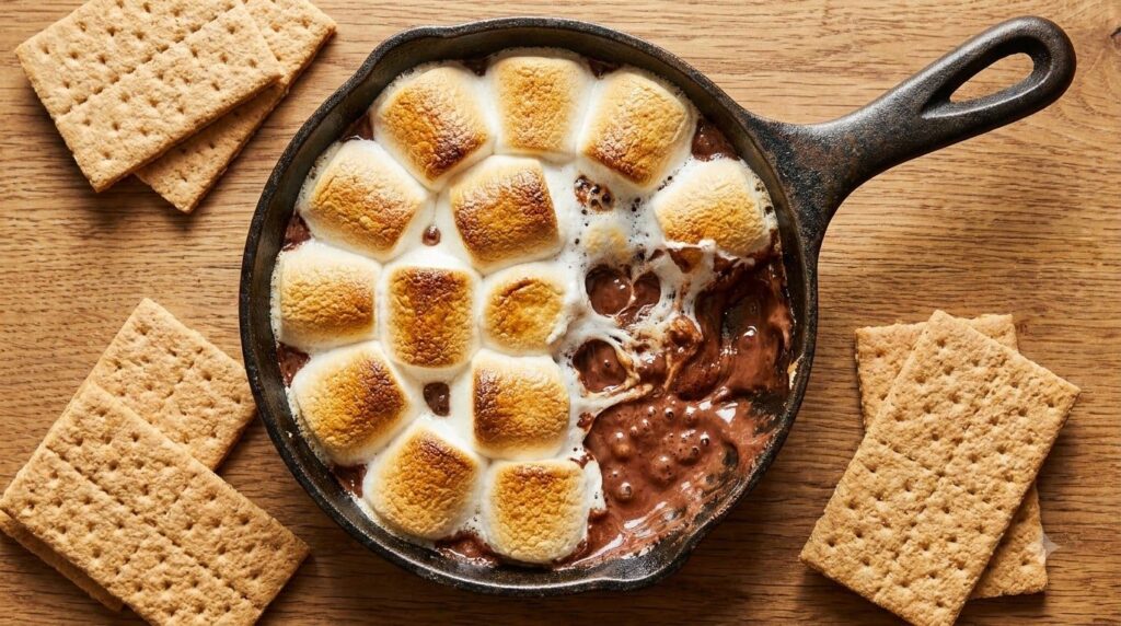A warm gooey Air Fryer S mores Dip in a small cast-iron skillet topped with perfectly toasted marshmallows and melted ch