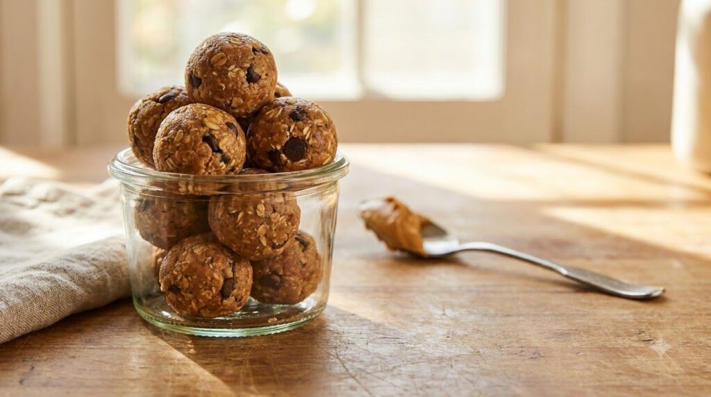 Round peanut butter oat energy bites with visible oat flecks stacked in a small glass jar on a kitchen counter A spoon w