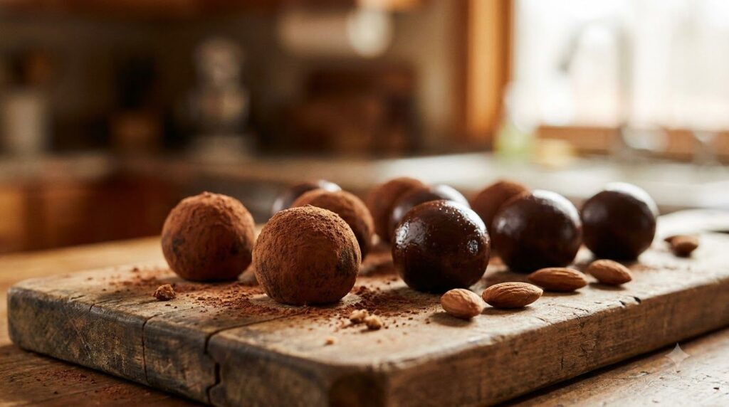Small round chocolate almond butter truffles some dusted lightly with cocoa powder arranged on a rustic wooden board The
