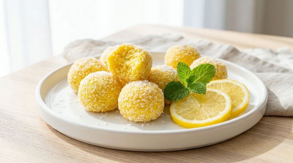 Bright yellow lemon zest coconut bites rolled in shredded coconut arranged on a white ceramic plate with fresh lemon sli
