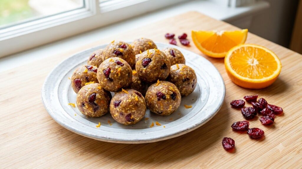 Vibrant cranberry orange energy balls with visible specks of cranberries and orange zest arranged on a small white plate