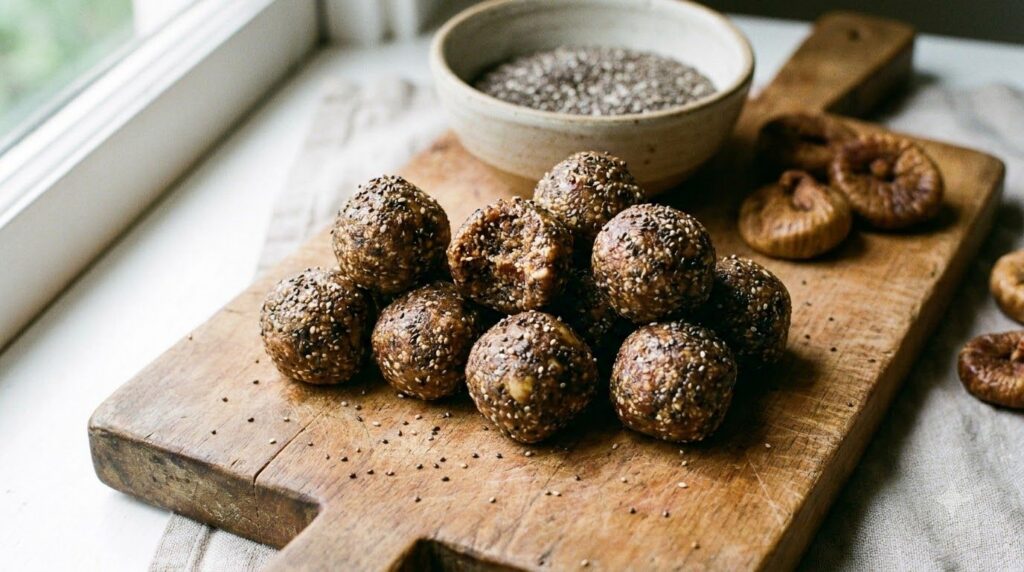Rustic fig and chia seed bites with visible chia seeds arranged on a small wooden serving board Dried figs and a small b
