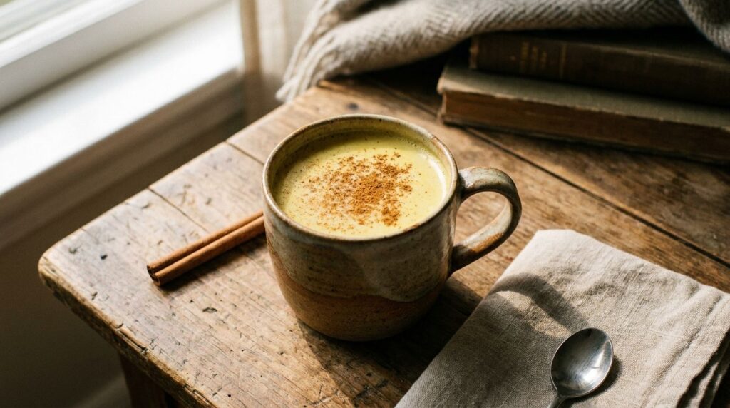 A creamy golden milk latte in a ceramic mug topped with a sprinkle of cinnamon on a cozy wooden surface with soft lighti
