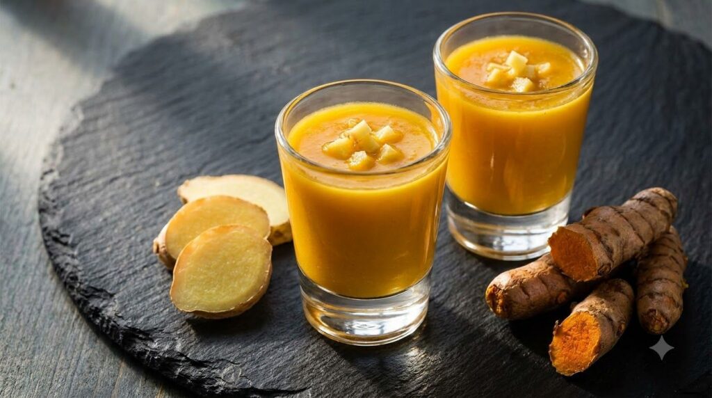 Two small shot glasses filled with a vibrant orange-yellow spicy ginger turmeric liquid next to fresh ginger slices and 