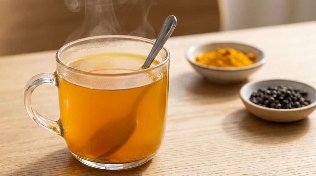 A close-up of the Refreshing Turmeric Elixir in a clear mug steam gently rising with a spoon inside A bowl of ground tur