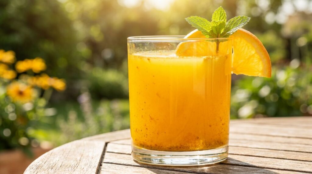 A glass of bright orange juice infused with turmeric garnished with an orange slice on a vibrant background