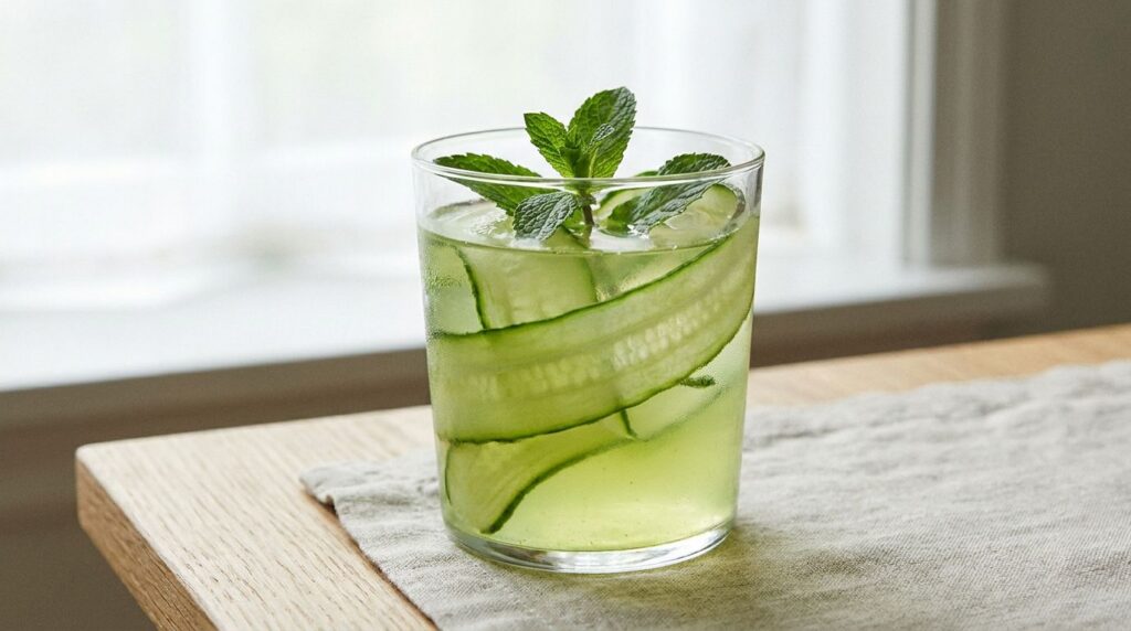 A clear glass with a light green cucumber and turmeric drink garnished with cucumber slices and mint leaves on a light w