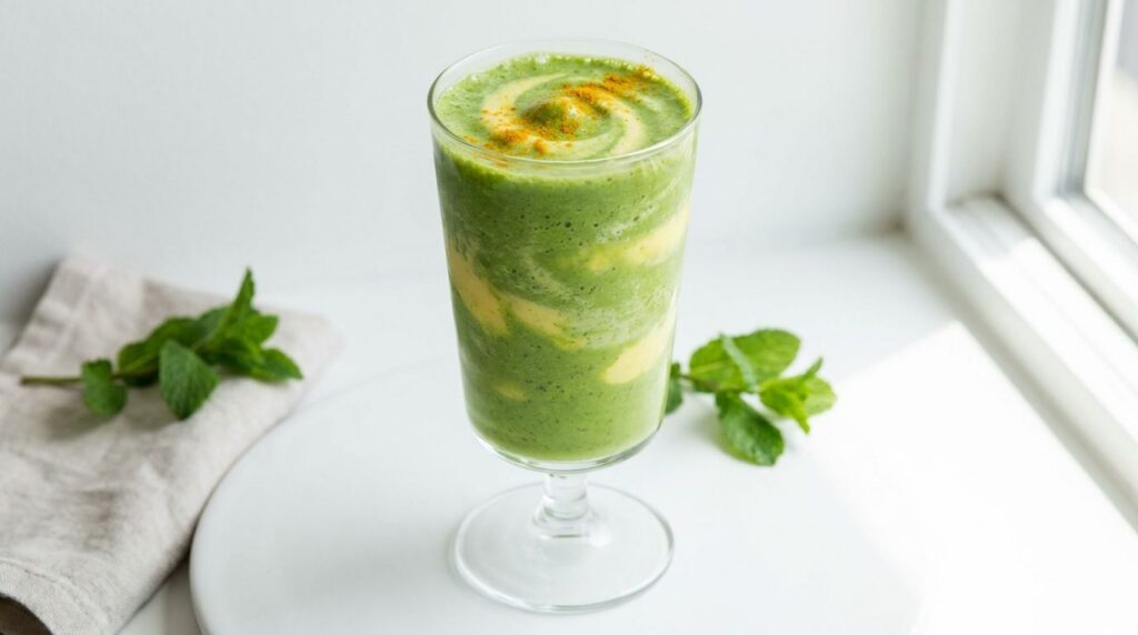 A vibrant green smoothie with hints of yellow in a tall glass garnished with a sprinkle of turmeric powder on a clean wh