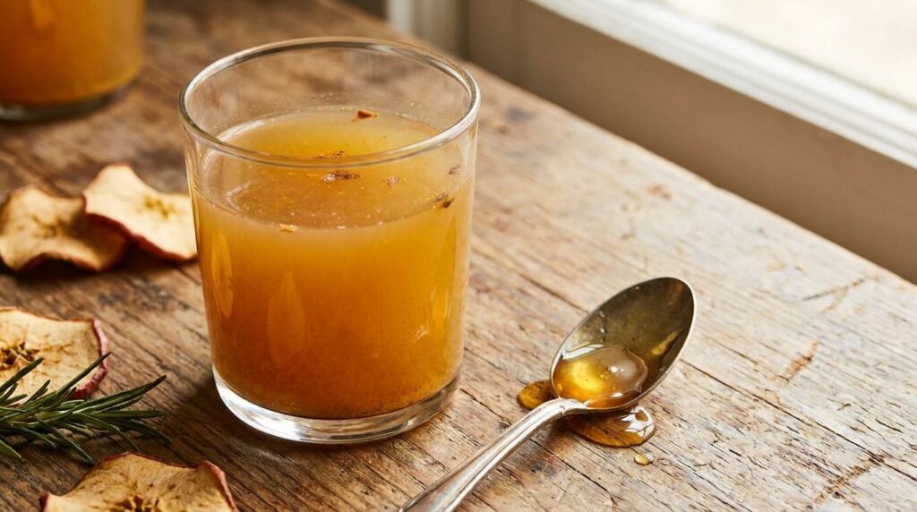 A clear glass with an amber-colored apple cider vinegar and turmeric tonic with a spoonful of honey nearby on a rustic w