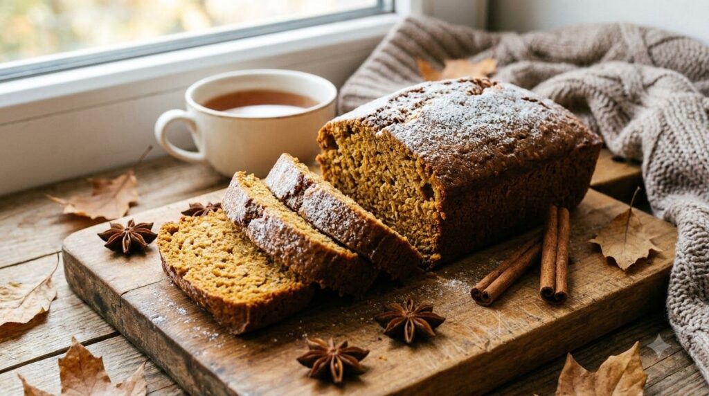A cozy pumpkin spice oat loaf sliced with a light dusting of powdered sugar and whole spices on a wooden board