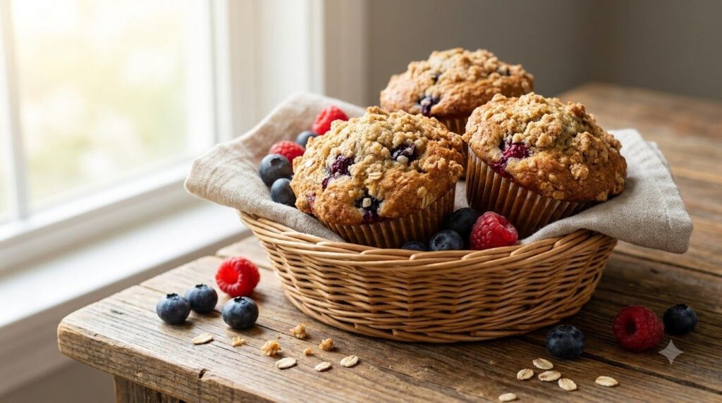 A trio of golden-brown banana berry oat muffins in a rustic basket with some fresh berries scattered around