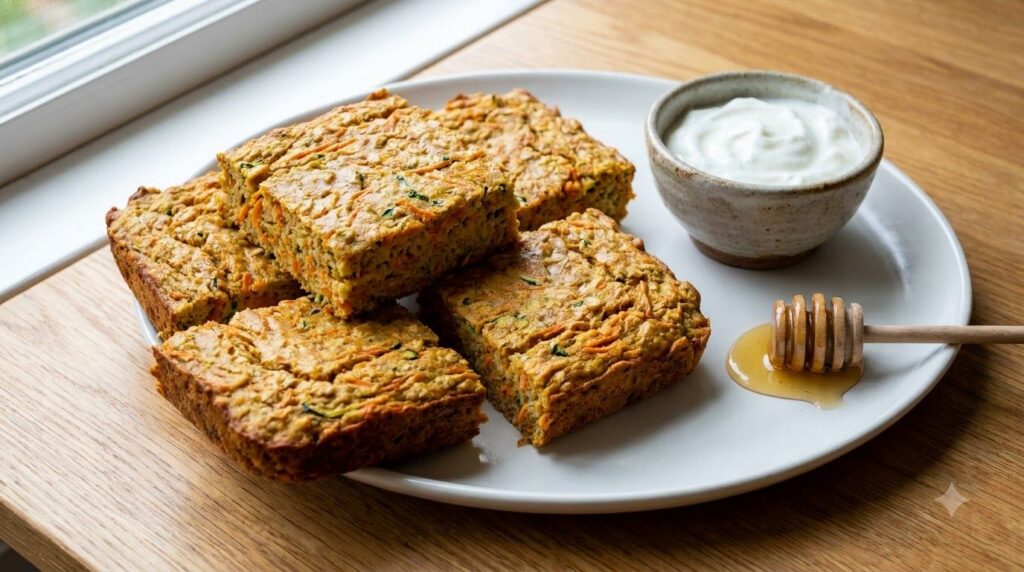 Healthy zucchini carrot oat squares on a plate showing specks of colorful vegetables next to a small bowl of yogurt or h