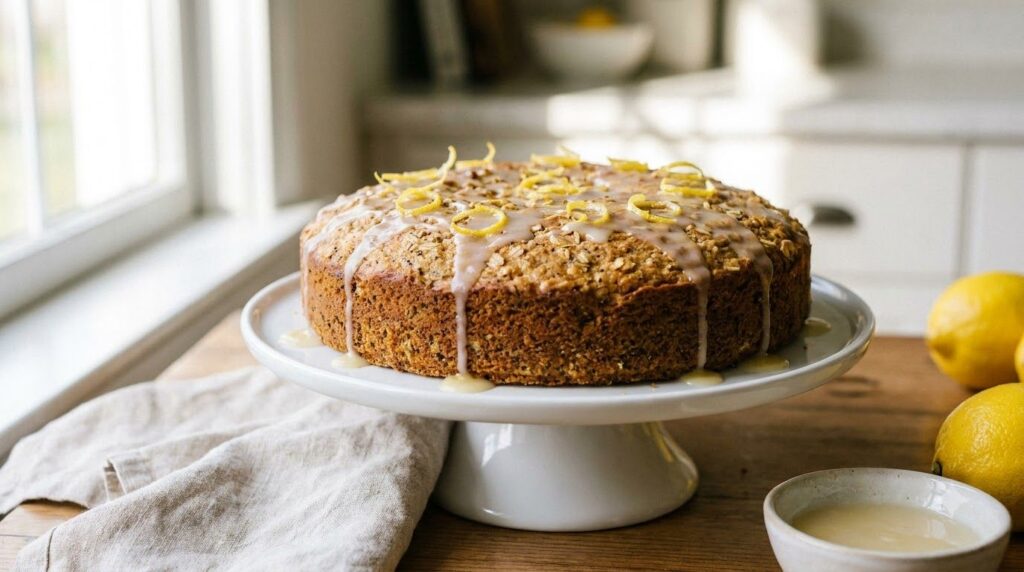 A bright and zesty lemon poppy seed oat cake topped with a light lemon glaze on a white cake stand