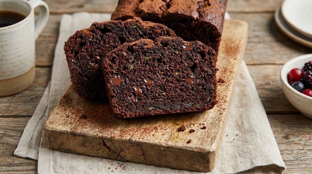 A rich dark chocolate zucchini oat cake sliced with a few chocolate chips visible on a serving platter