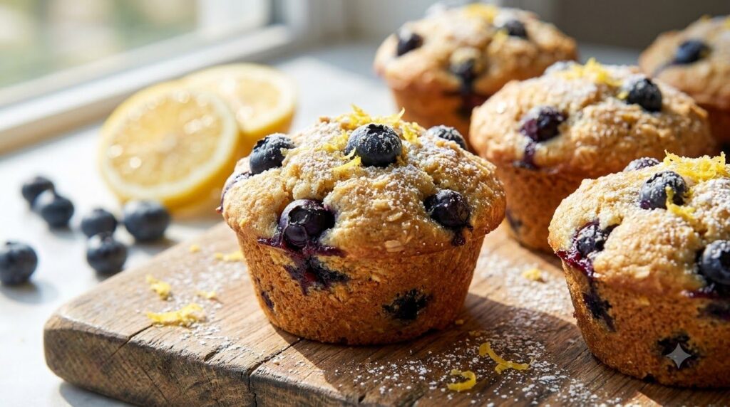 Close-up of golden blueberry lemon oat muffins showing juicy blueberries bursting through with fresh lemon slices in the