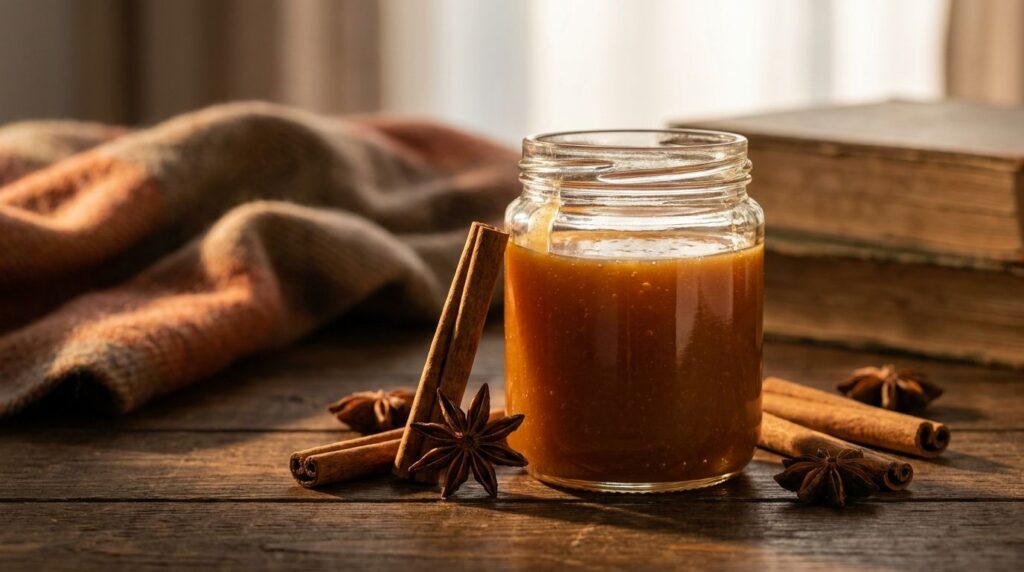 A jar of warm amber-colored spiced caramel sauce with a few whole cinnamon sticks and star anise pods visible on the sid