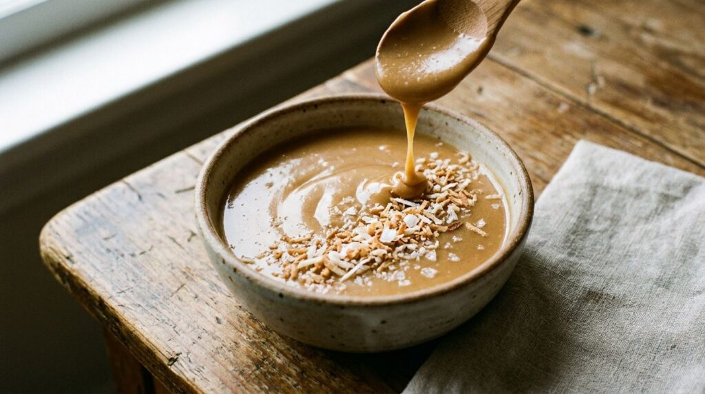 A creamy light brown dairy-free coconut caramel sauce in a small bowl garnished with shredded coconut The texture is smo