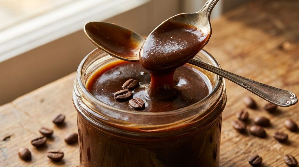 A jar of coffee caramel sauce with a dark rich color a subtle coffee bean garnish and a spoon dipped in showcasing its t