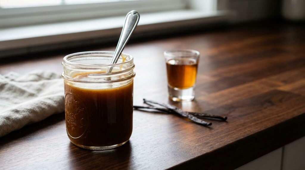 A sophisticated jar of bourbon caramel sauce showcasing its deep amber hue and smooth texture with a shot glass of bourb