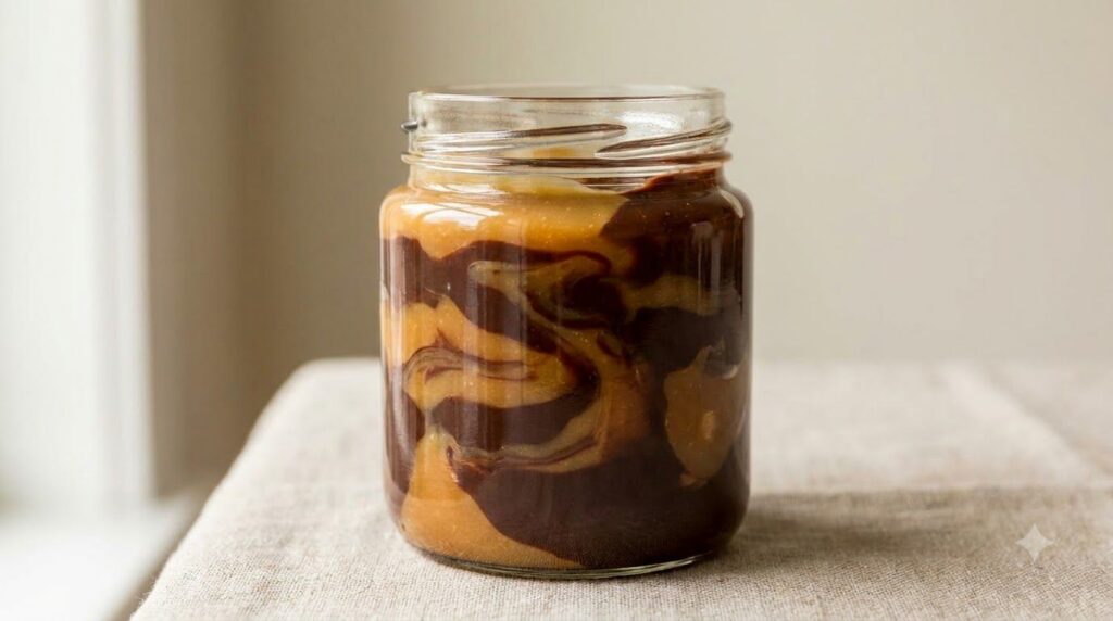 A swirling pattern of rich chocolate and golden caramel sauce in a clear jar indicating a marbled effect The texture is 