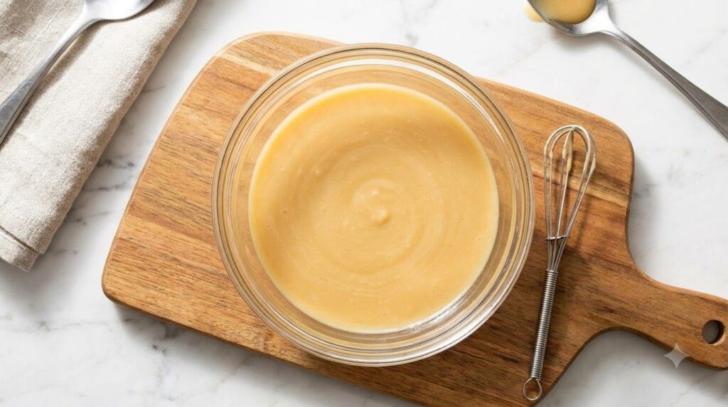 A quick microwave caramel sauce in a microwave-safe glass bowl showing a lighter golden color and creamy consistency wit