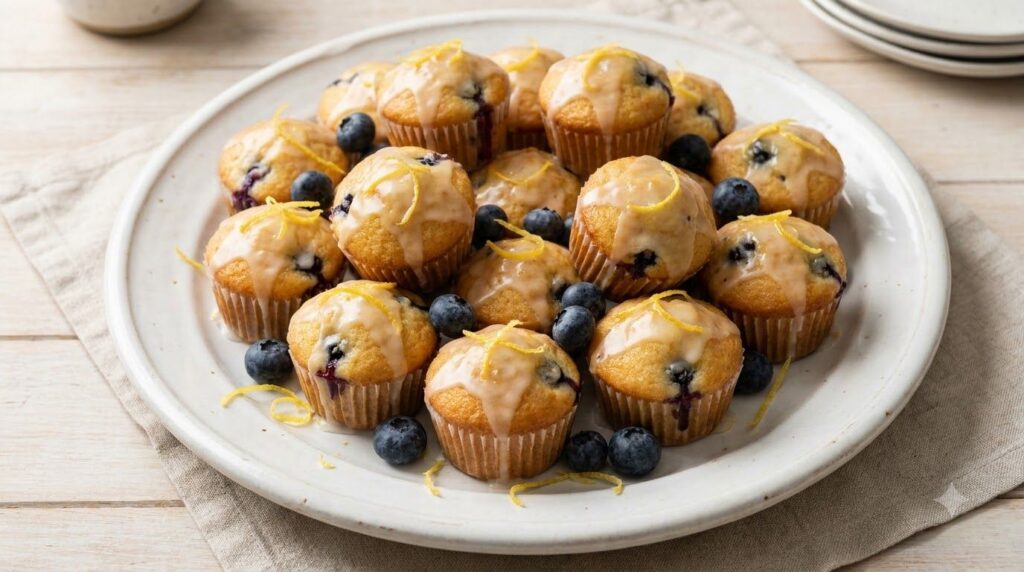 Small fluffy lemon blueberry mini muffins with a light glaze arranged on a white serving platter garnished with fresh bl