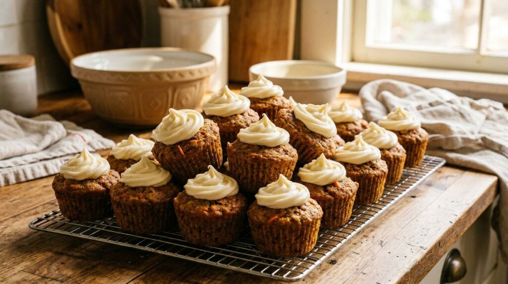 A pile of moist spiced carrot cake mini muffins topped with a light cream cheese frosting swirl on a cooling rack Warm k