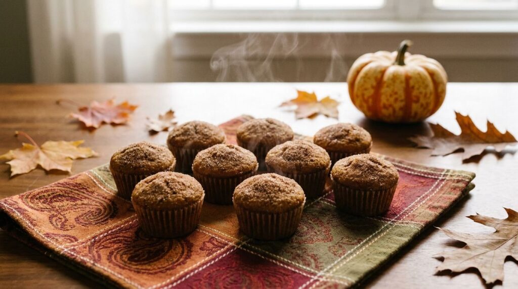 Warm fluffy pumpkin spice mini muffins sprinkled with cinnamon sugar on a patterned napkin with a few autumn leaves and