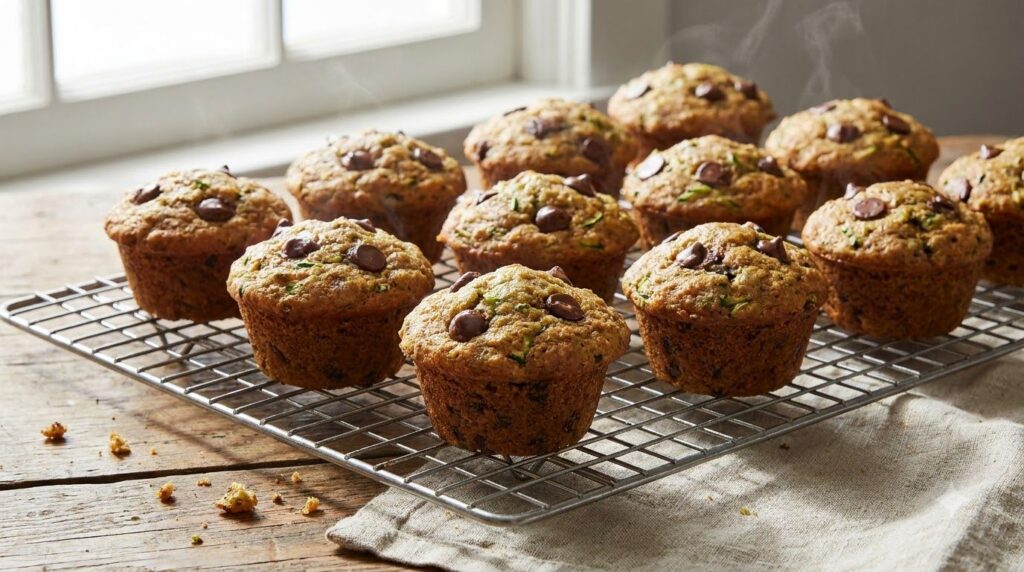 Moist zucchini chocolate chip mini muffins with visible flecks of green zucchini and melted chocolate chips on a wire co