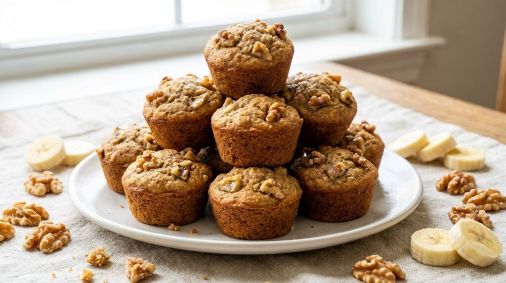 A stack of golden-brown whole wheat banana nut mini muffins on a white plate with a few walnuts and banana slices scatte
